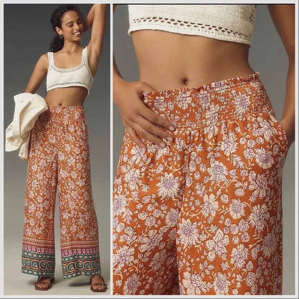 Anthropologie x Maeve The Saria Smocked Wide-leg Pull-on Pants sz S